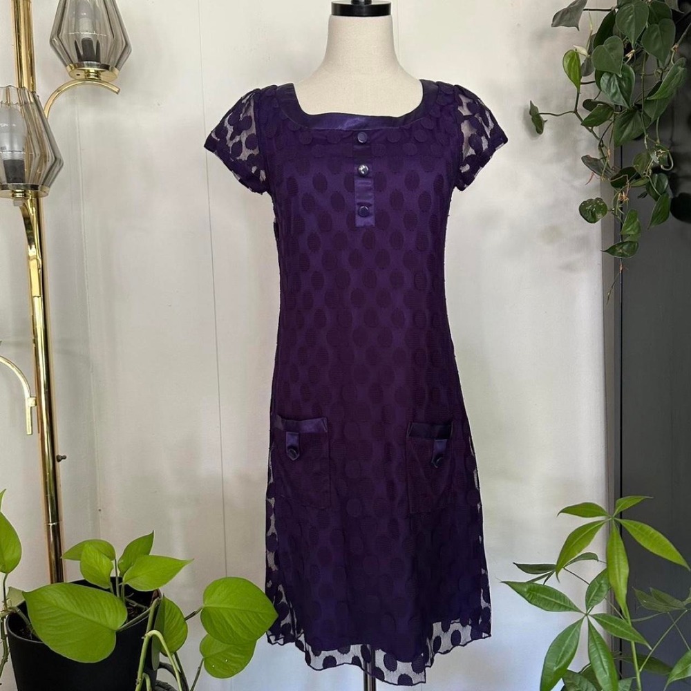 EnFocus Studio Purple Polka Dot Mesh Midi Dress Satin Trim Pockets Twee Size 8